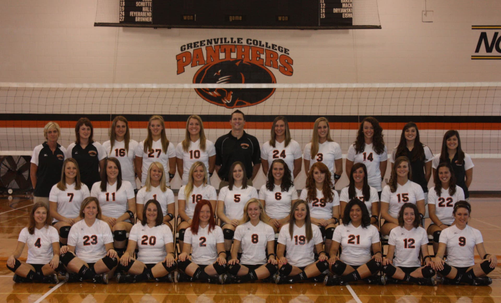 Greenville College Panthers volleyball team photo beneath the painted Panthers gym logo.